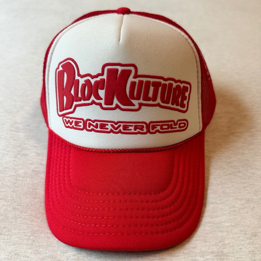 BlocKulture We Never Fold Red White Trucker Hat Otto Snapback Streetwear Cap